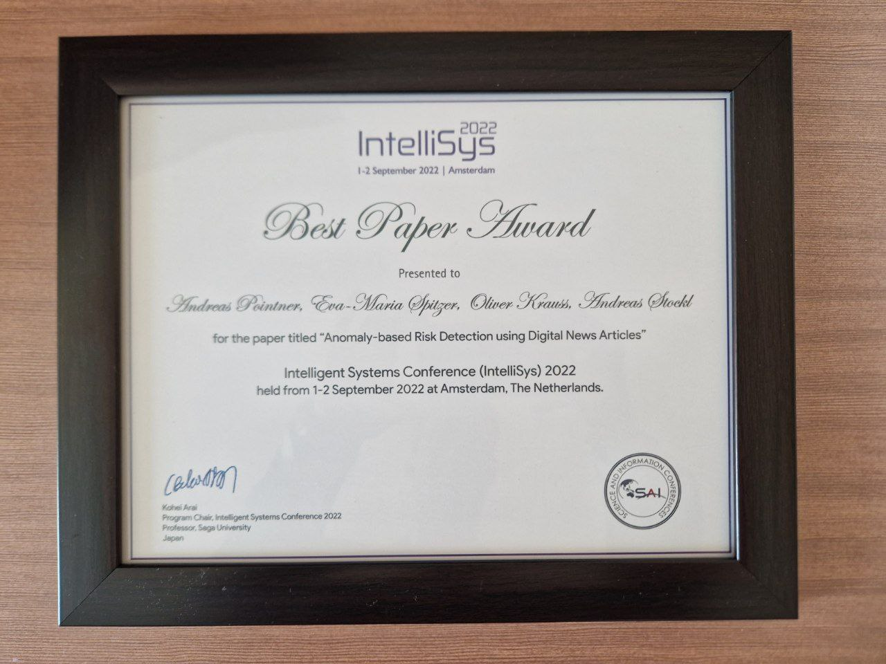 Best Paper Award auf der “IntelliSys 2022”